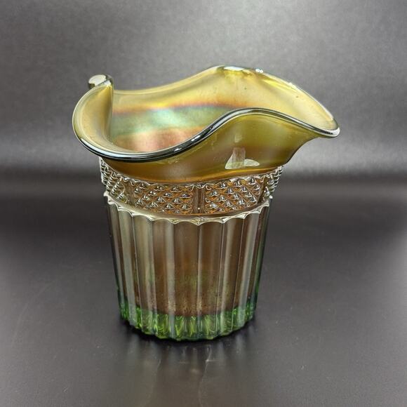 Vintage Northwood Carnival Glass Vase Ruffle Hat Green Iridescent 3.75" Tall - Picture 4 of 15